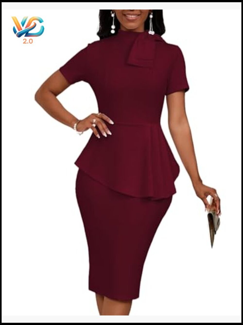 Fashion Peplum Bodycon Short Sleeve Work Dress Bow Ruffle Pencil Formal Cocktail - Picture 4 of 7